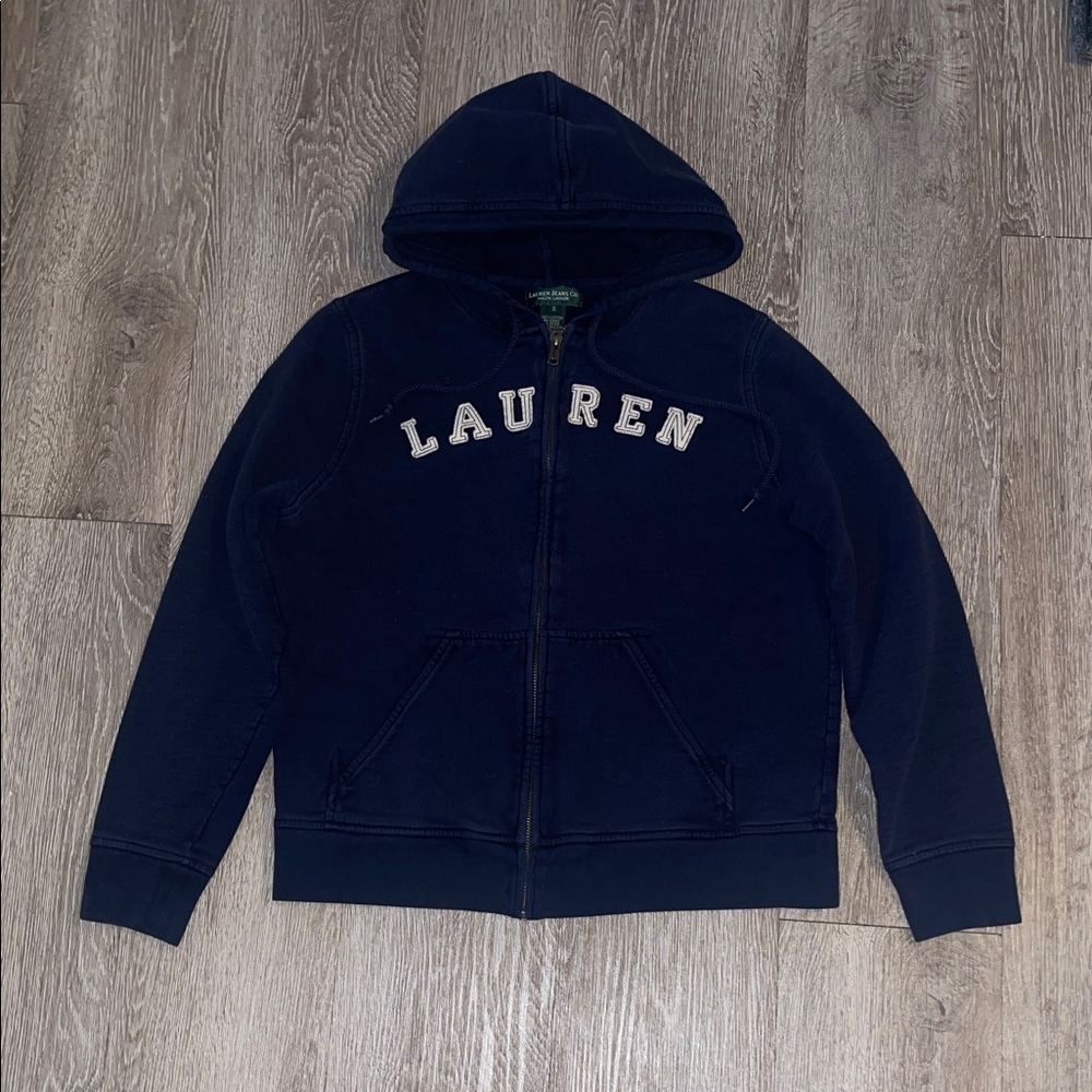 Vintage Ralph Lauren Navy Zip-Up Hoodie navy blue size small cotton Y2K.jacket